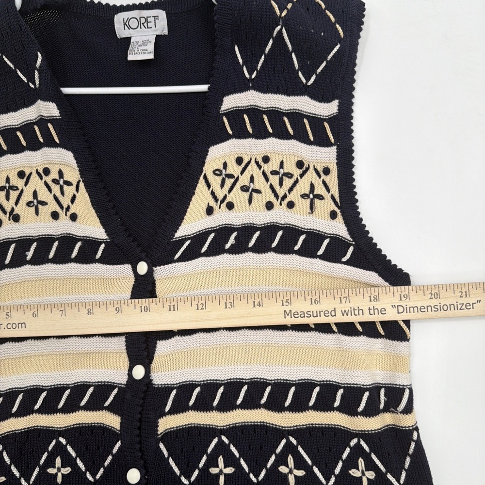 VTG Koret Sweater Vest L Grannny Knit Blue V Neck 90s Embroidered Casual Button - Picture 7 of 8